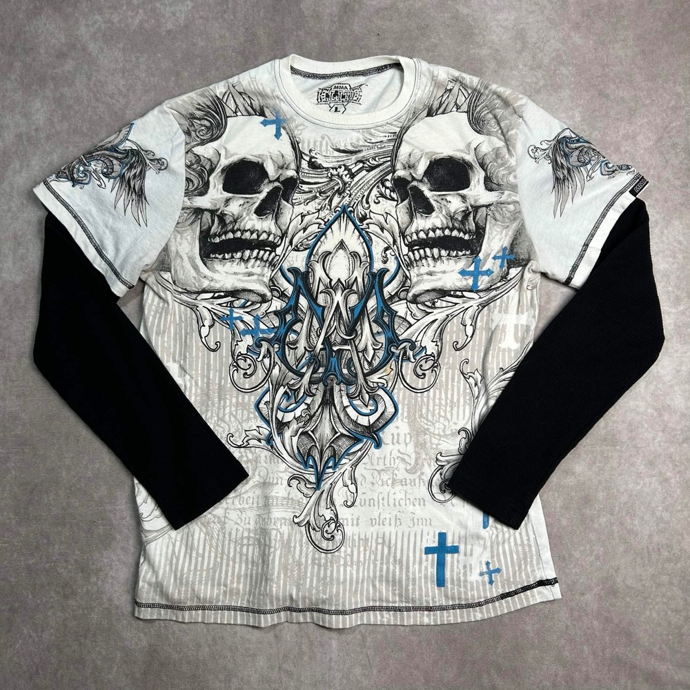 MMA Elite Mens Large Graphic T-Shirt White Black Skulls Crosses Y2K Long Sleeve